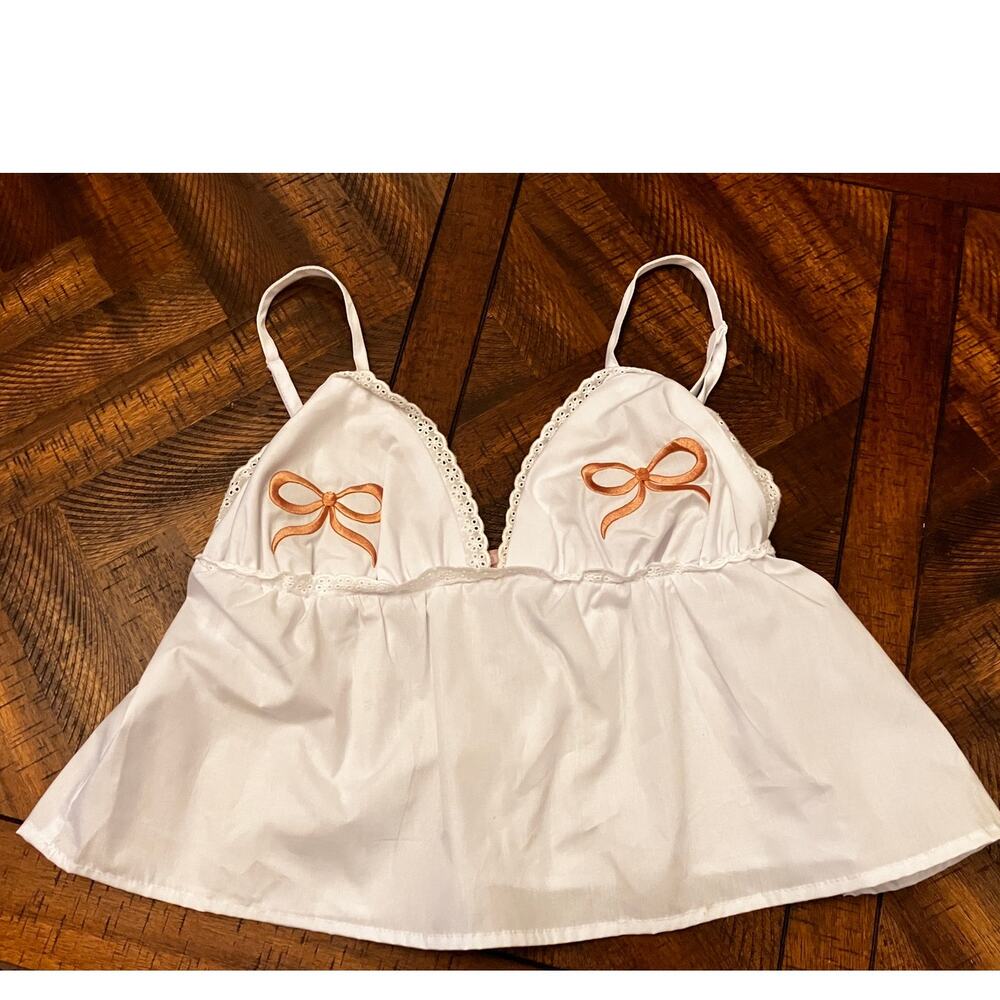 Fallen‎ Rose White Babydoll Lingerie Top Lace Trim Bows Size L
